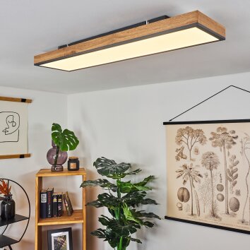 Flache LED Panel-Deckenleuchte Salmi, längliche Bauform in Holzoptik, 3000K warmweiß