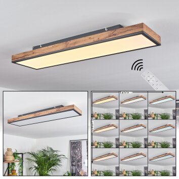 Flache längliche LED-Deckenleuchte Salmi, dimmbar per Fernbedienung, in Holzoptik