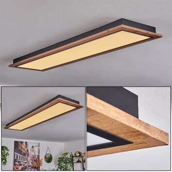 Längliche LED Deckenleuchte Salmi mit rechteckigem Holzoptik-Rahmen, 3000K warmweiß