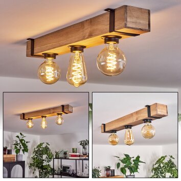 Holzbalken-Deckenleuchte Montgomery im Retro-Stil mit 3 E27-Fassungen in Naturfarben