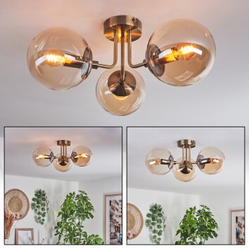 Cluster-Deckenleuchte Cabalonga mit 3 bernsteinfarbenen Glasschirmen im Retro-Stil