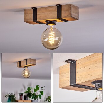 Holzblock-Deckenleuchte Montgomery im Industrial-Stil, Naturfarben, sichtbare E27-Fassung