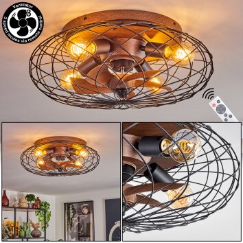 Runder Retro-Deckenventilator Wemude mit Beleuchtung mit Fernbedienung, 4 schwarze Schirme