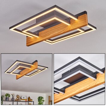 Moderne LED Deckenleuchte Pompu mit Holzbalken in Naturfarben, 3000 Kelvin warmweiß