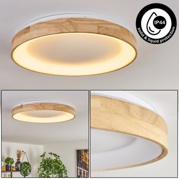 Flache runde LED-Deckenleuchte Lockeby mit naturfarbenem Holzring, 3000 Kelvin warmweiß