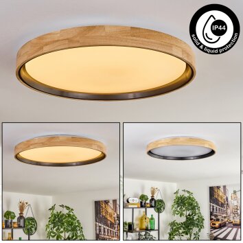 Flache runde LED-Deckenleuchte Melstad, Naturfarben-Holzring, 3000K warmweiß