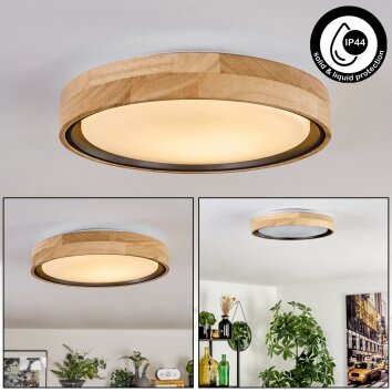 Flache runde LED-Deckenleuchte Melstad mit Holzring in Naturfarben, 3000 Kelvin warmweiß