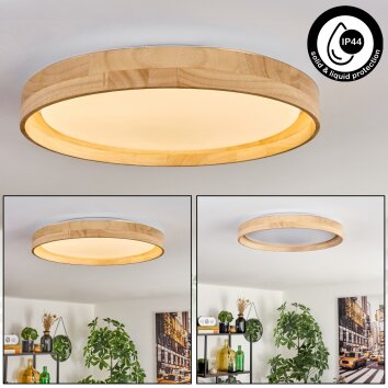 Runde LED Holz-Deckenleuchte Tabernas, weißer Schirm, 3000 Kelvin warmweiß, IP44