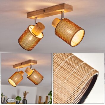 Verstellbarer Boho-Deckenspot Kinnared mit zwei zylindrischen Bambus-Lamellenschirmen