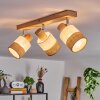 Boho Holzstab-Deckenleuchte Fallhagen mit Holzbalken und 3 naturfarbenen Schirmen