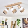 Boho Holzstab-Deckenleuchte Fallhagen mit Holzbalken und 3 naturfarbenen Schirmen