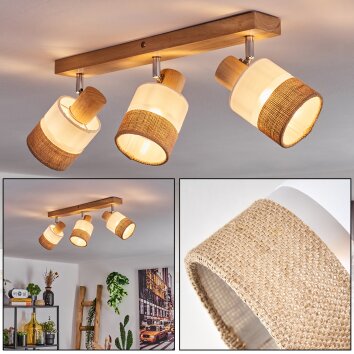 Boho Holzstab-Deckenleuchte Fallhagen mit Holzbalken und 3 naturfarbenen Schirmen