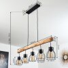 Pendelleuchte Gondo mit massivem Holzbalken und fünf schwarzen Metallkäfigschirmen, E27