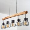 Pendelleuchte Gondo mit massivem Holzbalken und fünf schwarzen Metallkäfigschirmen, E27