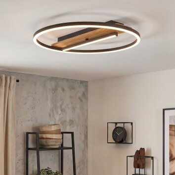 LED Deckenleuchte Hadel, Rahmen mit zentralem Element in Holzoptik, 3000 Kelvin warmweiß