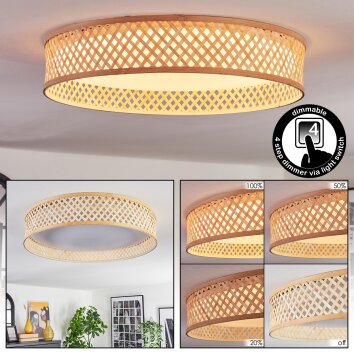 Runde LED-Deckenleuchte Barroco, Bambusgeflecht, Memoryfunktion, 3000 Kelvin, Naturfarben