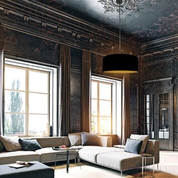 Steinhauer Sparkled Light Esstisch-Pendelleuchte schwarz mit goldfarbenem Stoffschirm, dimmbar